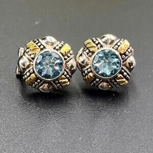 ADI 925 Sterling Silver 14K Yellow Gold Round Sky Blue Topaz Omega Earrings